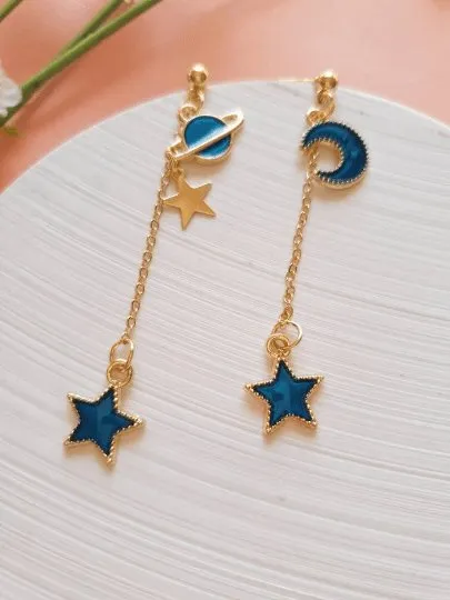 Celestial statement earrings | Blue moon and stars earrings | Galaxy planets dangle earrings | Gold hanging earrings | Korean earrings