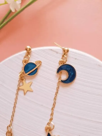 Celestial statement earrings | Blue moon and stars earrings | Galaxy planets dangle earrings | Gold hanging earrings | Korean earrings