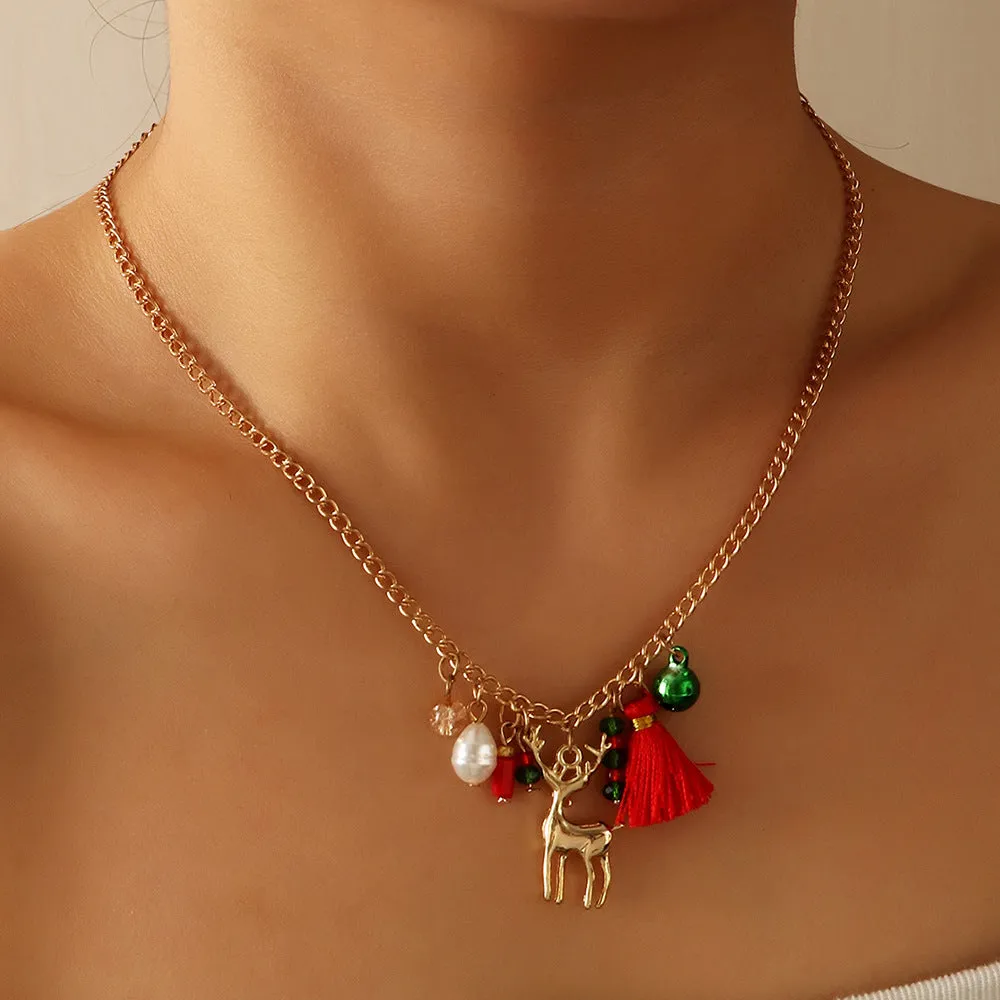 Christmas Colorful Bells Snowflake Elk Necklace