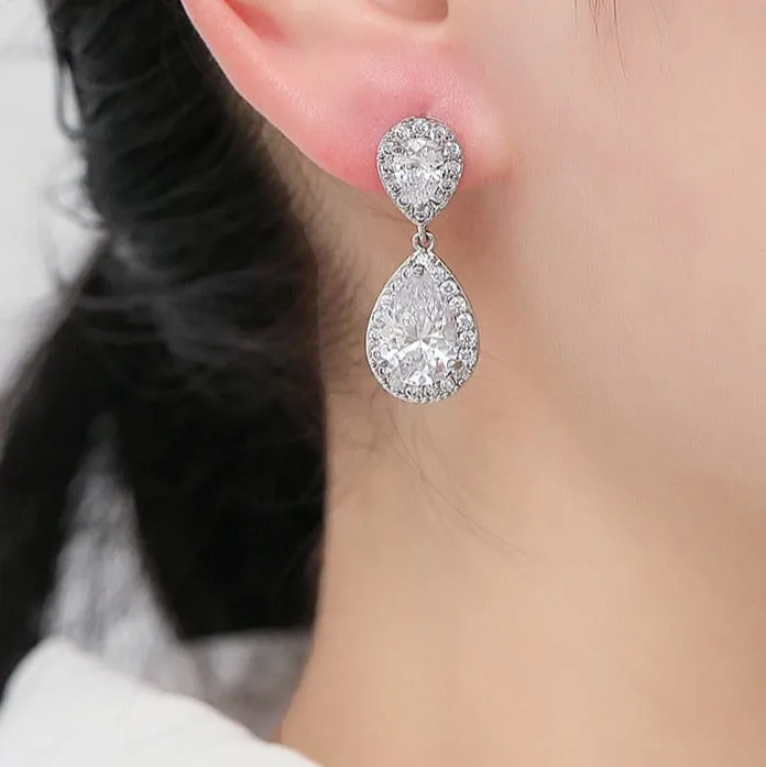 Classic Water Drop Crystal Zirconia Dangle Earrings Bridal Wedding Jewelry