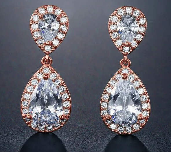 Classic Water Drop Crystal Zirconia Dangle Earrings Bridal Wedding Jewelry