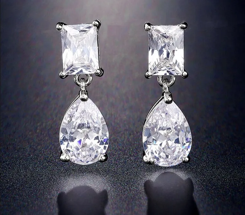 Classic Water Drop Crystal Zirconia Dangle Earrings Bridal Wedding Jewelry