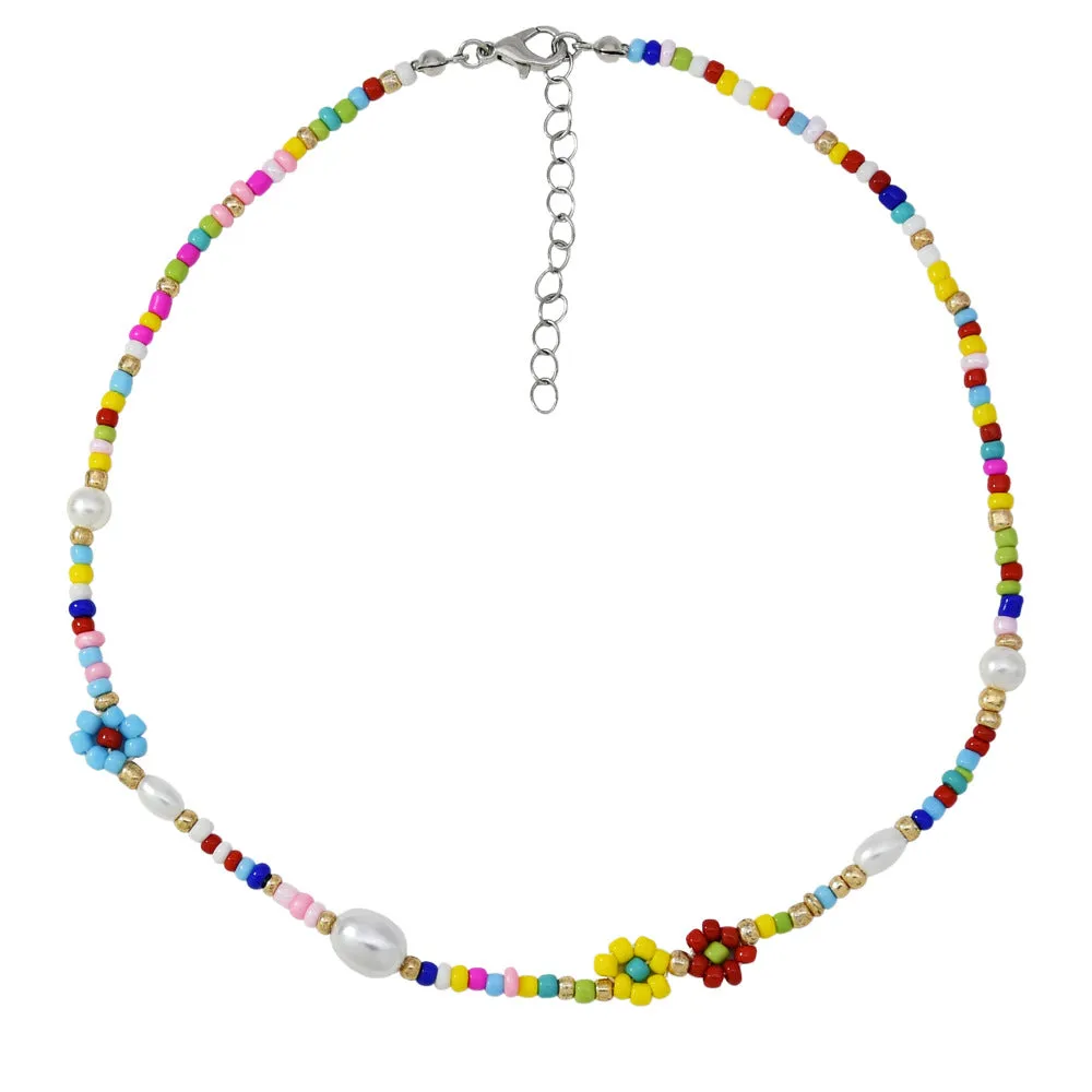 Colorful Beaded Necklace with Pearl & Daisy Flower