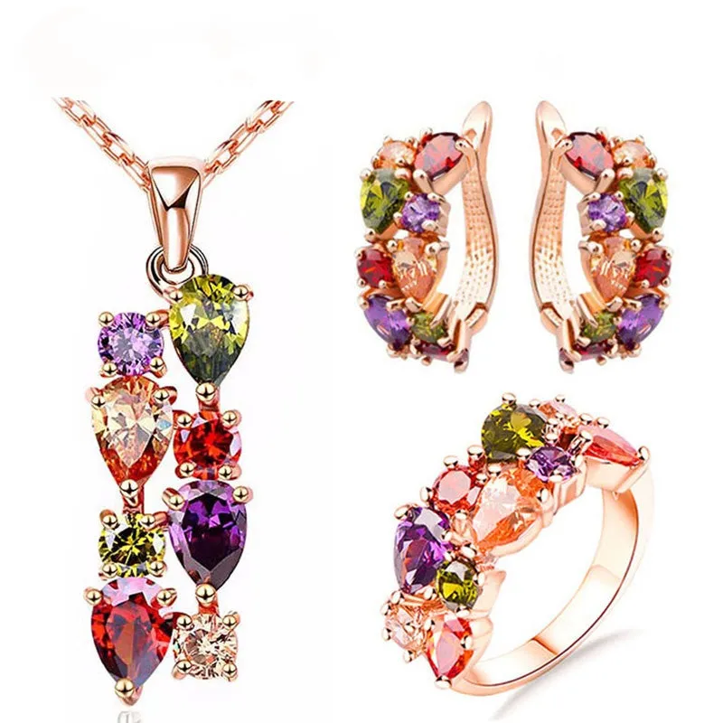 Colorful Jewelry Sets Cubic Zircon Hypoallergenic Rose Gold Plated Necklace/ Earrings/Ring Wedding Jewelry for Women