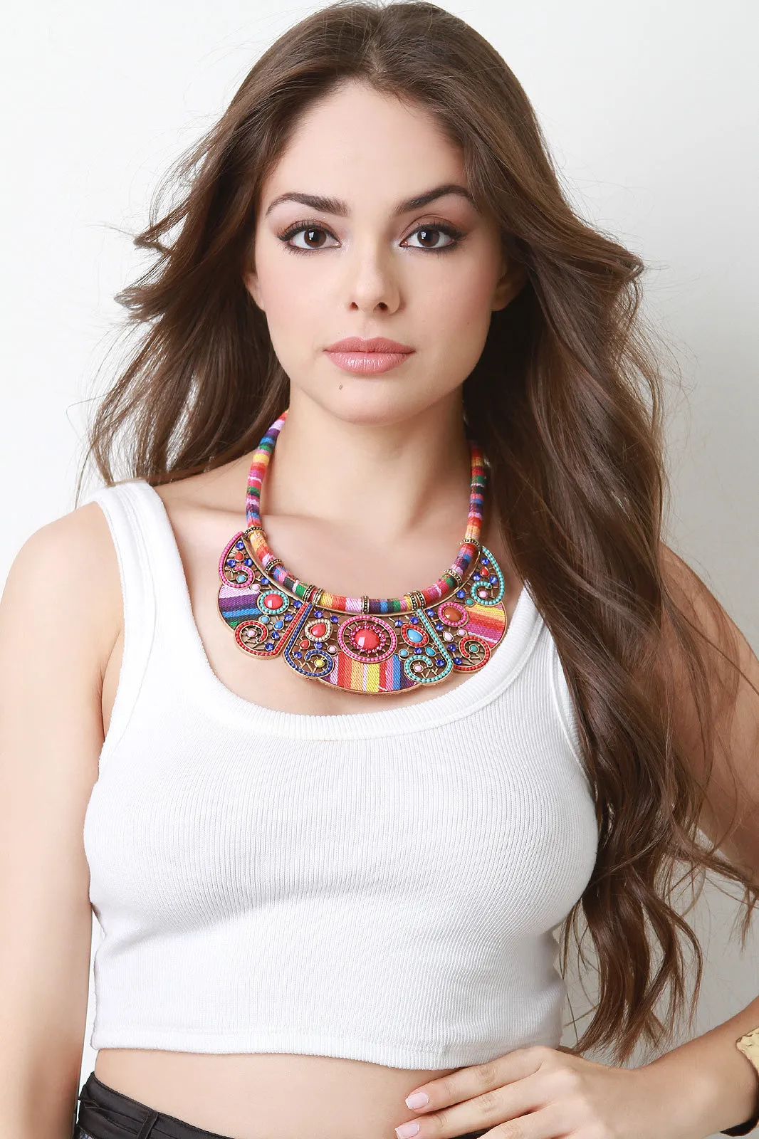 Colorful Rope Beaded Jewel Statement Bib Necklace