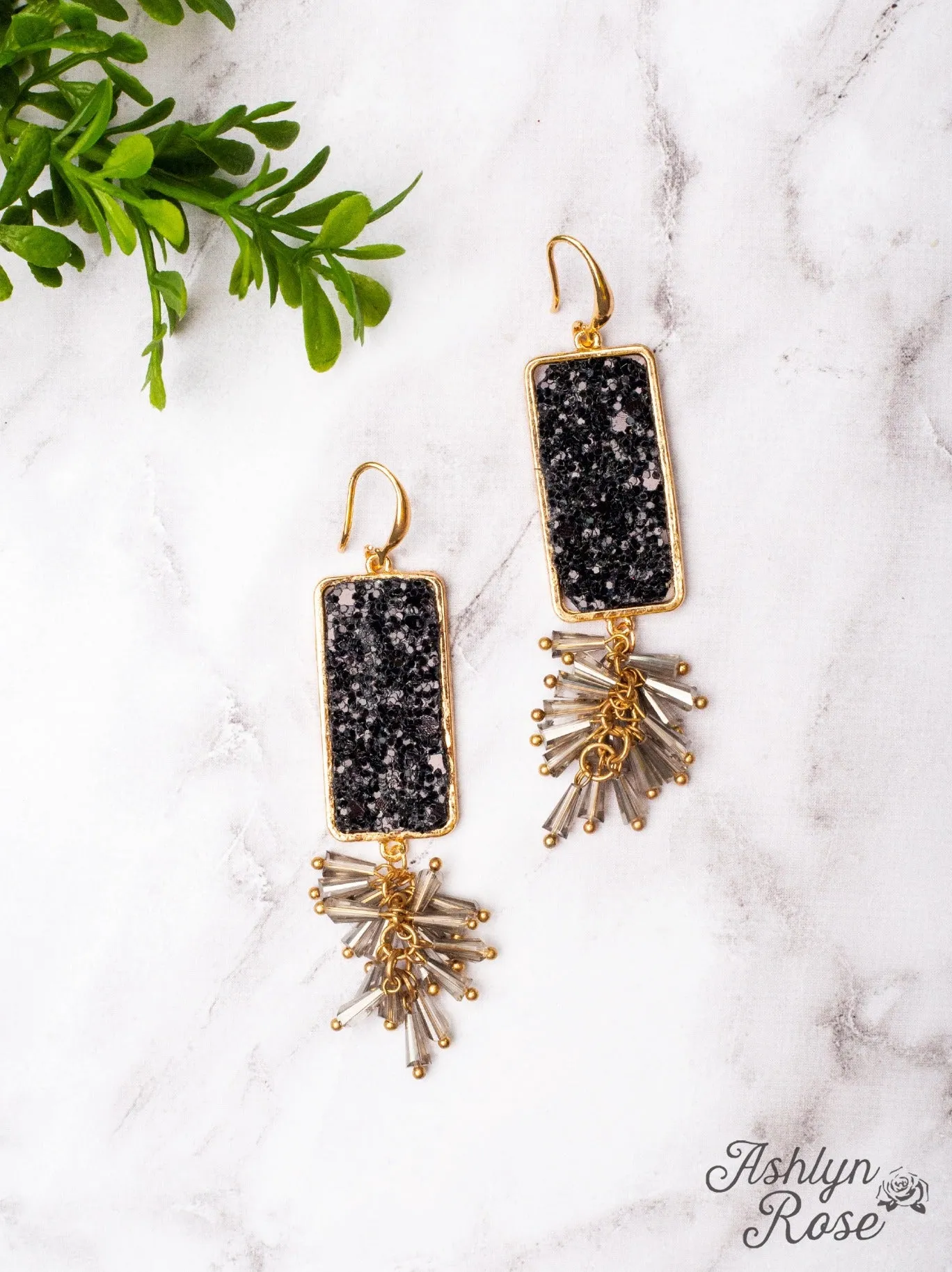 CRUSHING ON YOU BLACK CRYSTAL RECTANGLE DANGLE EARRINGS