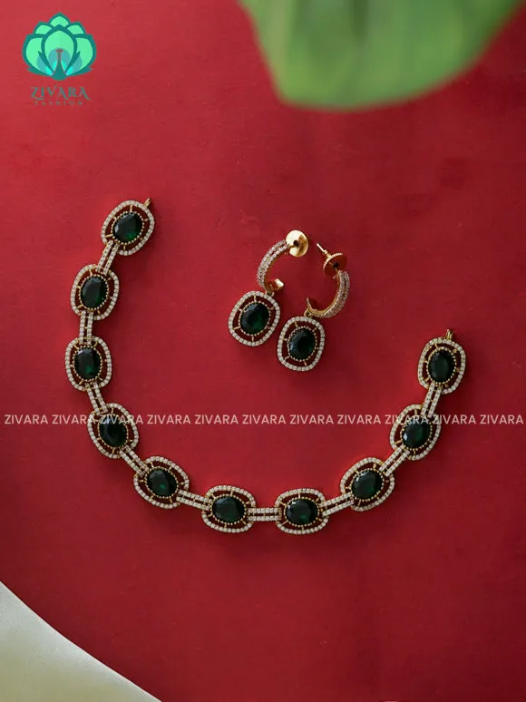 DARK GREEN - Chain model - stylish and minimal elegant neckwear with earrings- Zivara Fashion