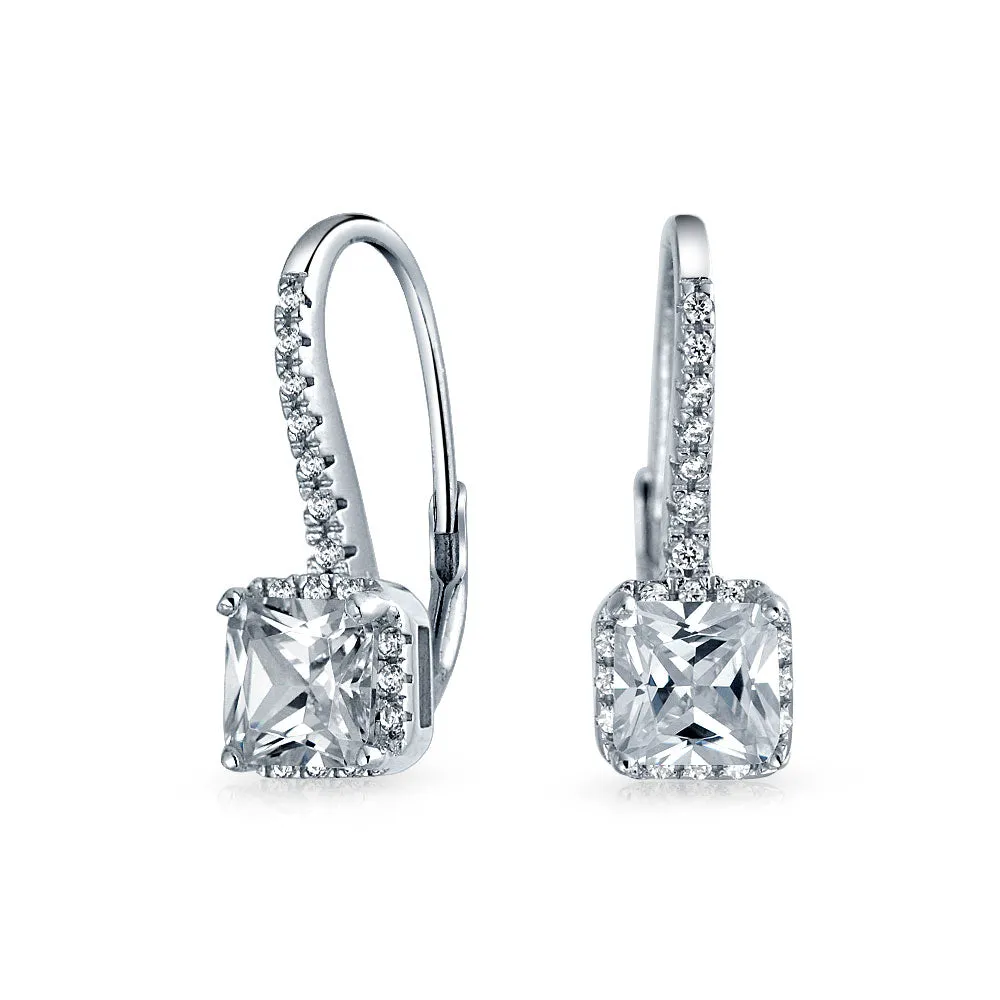 Deco Style CZ Baguette Lever back Drop Earrings Prom Sterling Silver