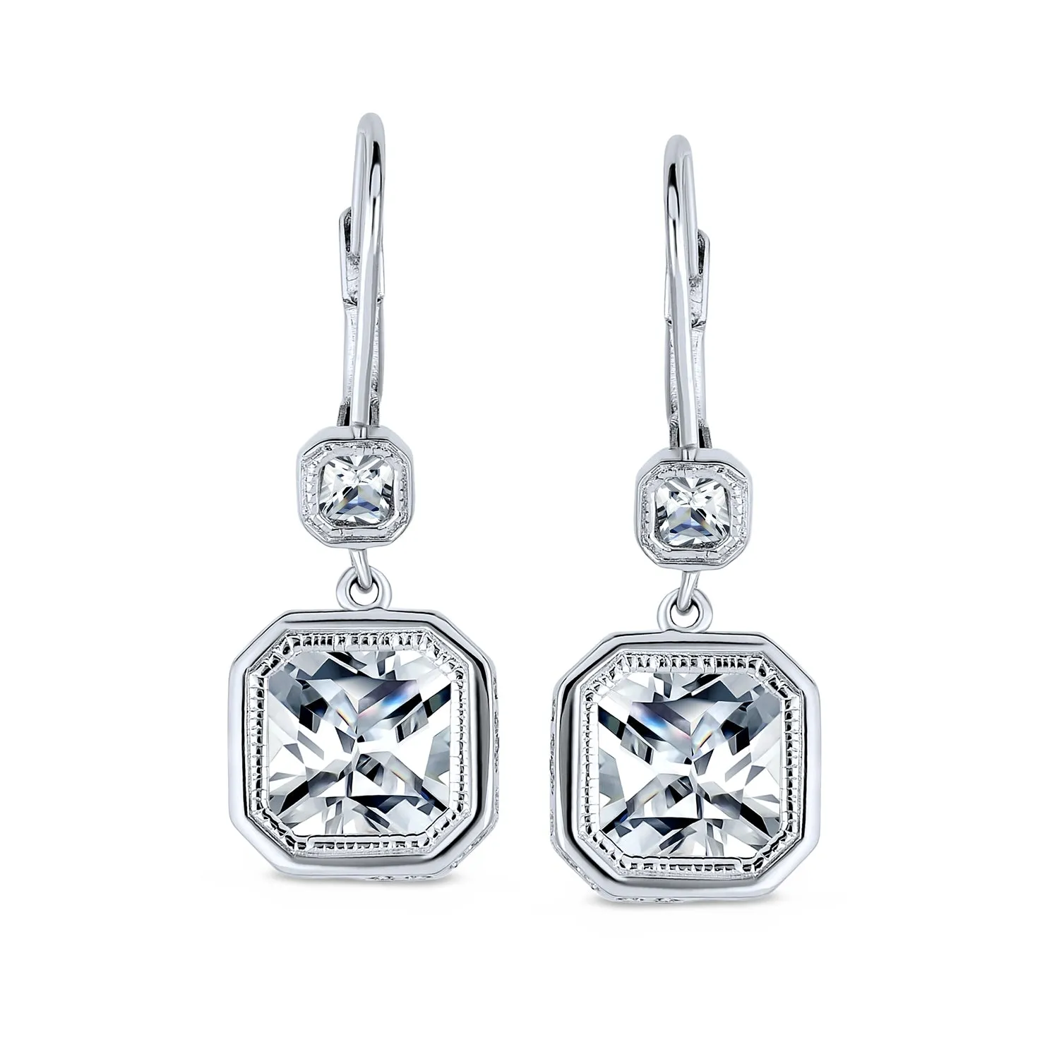 Deco Style CZ Baguette Lever back Drop Earrings Prom Sterling Silver