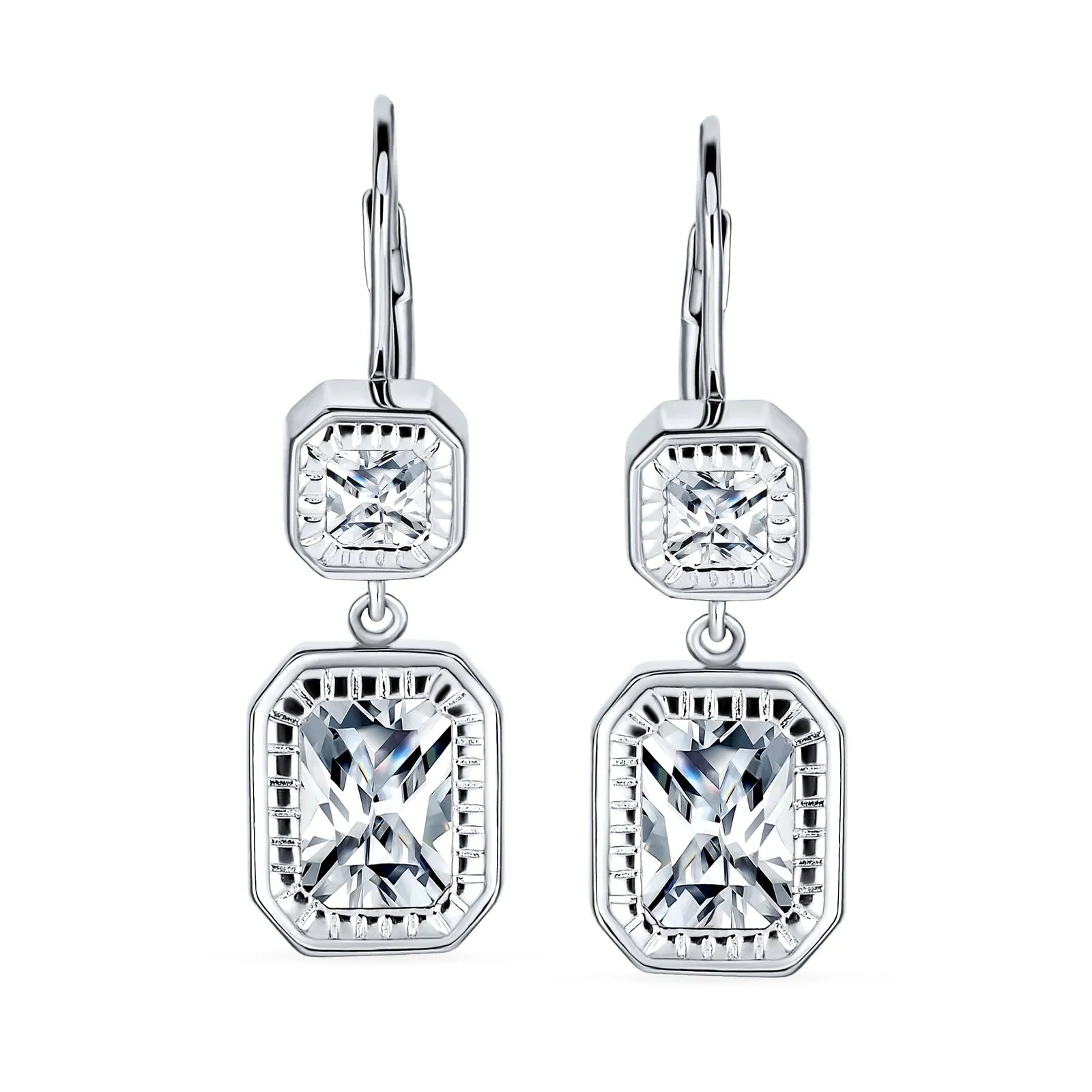 Deco Style CZ Baguette Lever back Drop Earrings Prom Sterling Silver