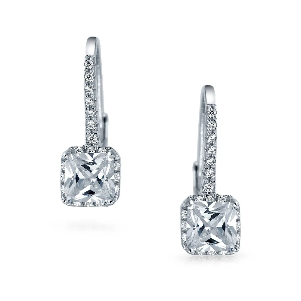 Deco Style CZ Baguette Lever back Drop Earrings Prom Sterling Silver