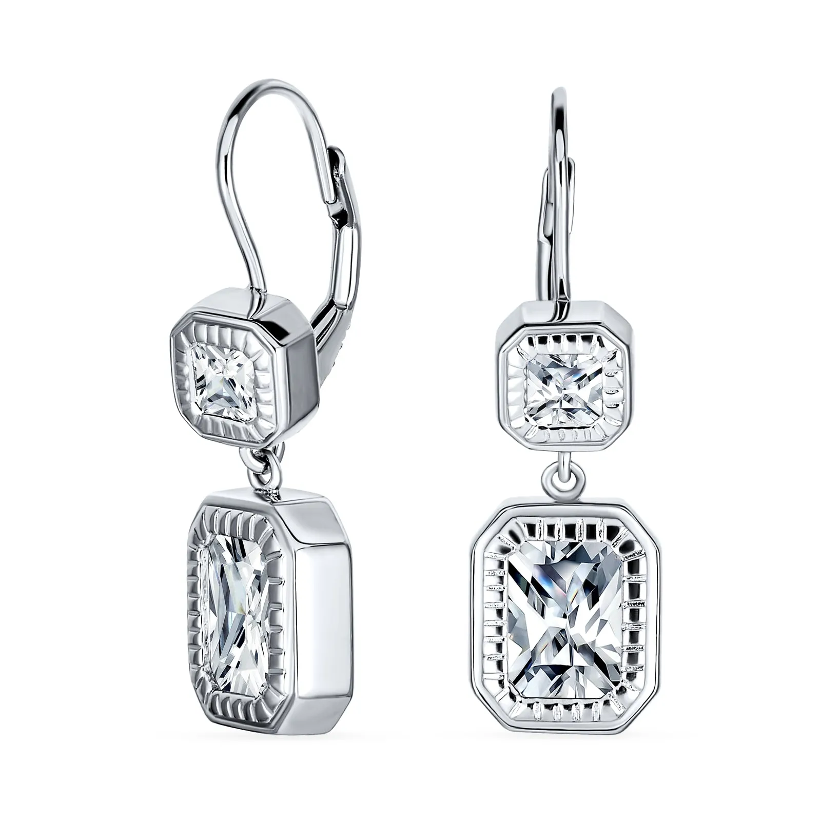 Deco Style CZ Baguette Lever back Drop Earrings Prom Sterling Silver