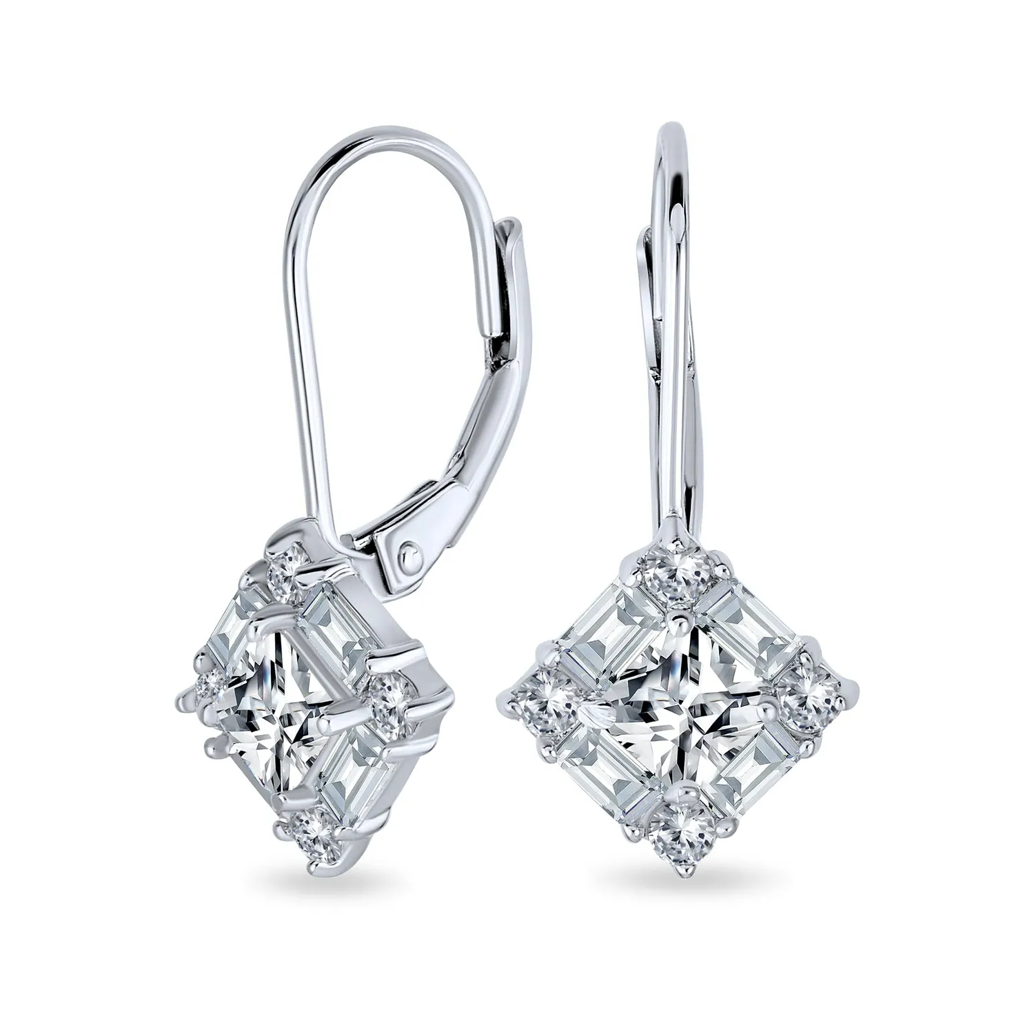 Deco Style CZ Baguette Lever back Drop Earrings Prom Sterling Silver