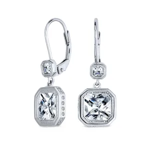 Deco Style CZ Baguette Lever back Drop Earrings Prom Sterling Silver