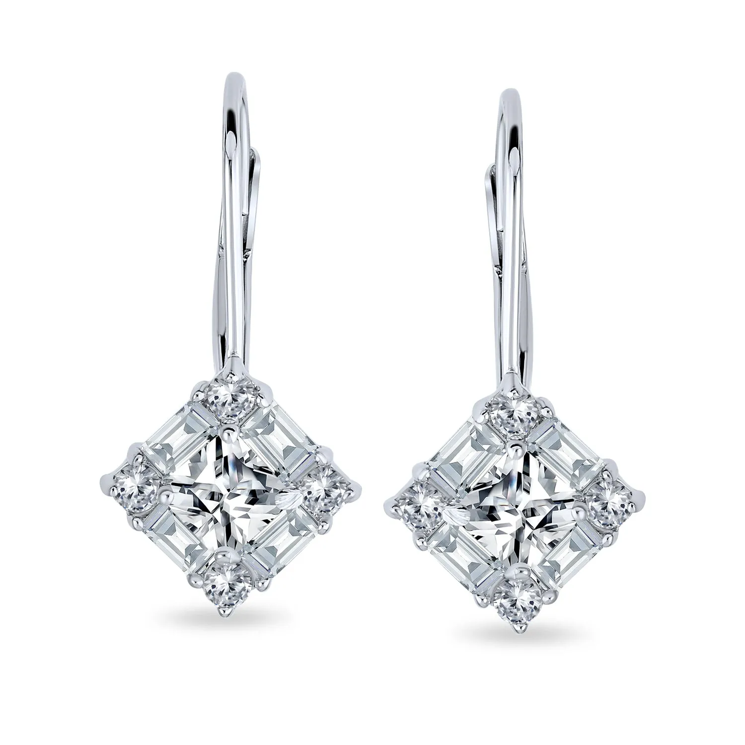 Deco Style CZ Baguette Lever back Drop Earrings Prom Sterling Silver