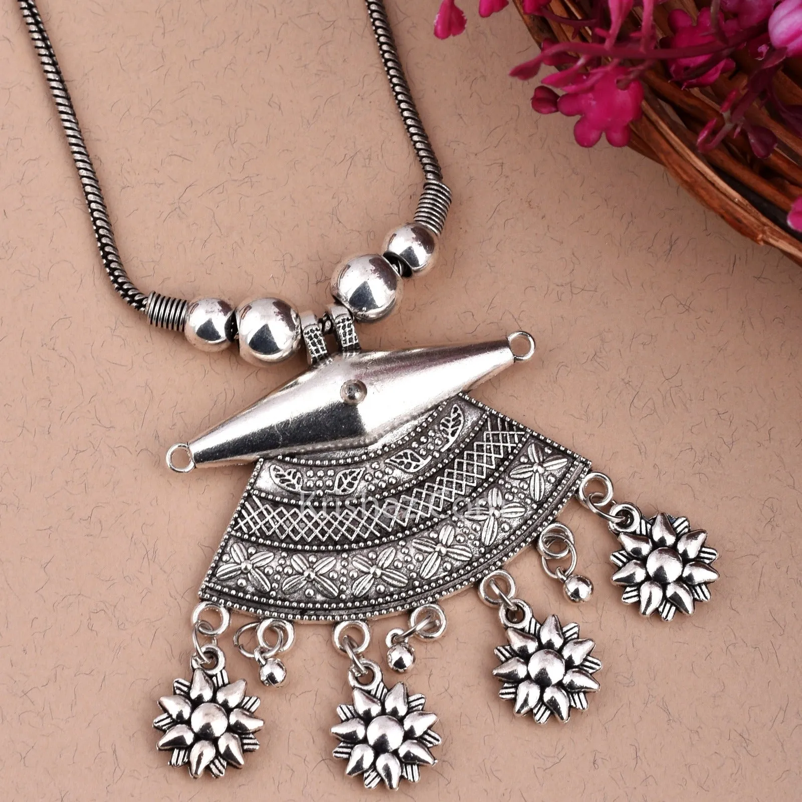 Designer German Silver Kolhapuri Long Pendant Necklace