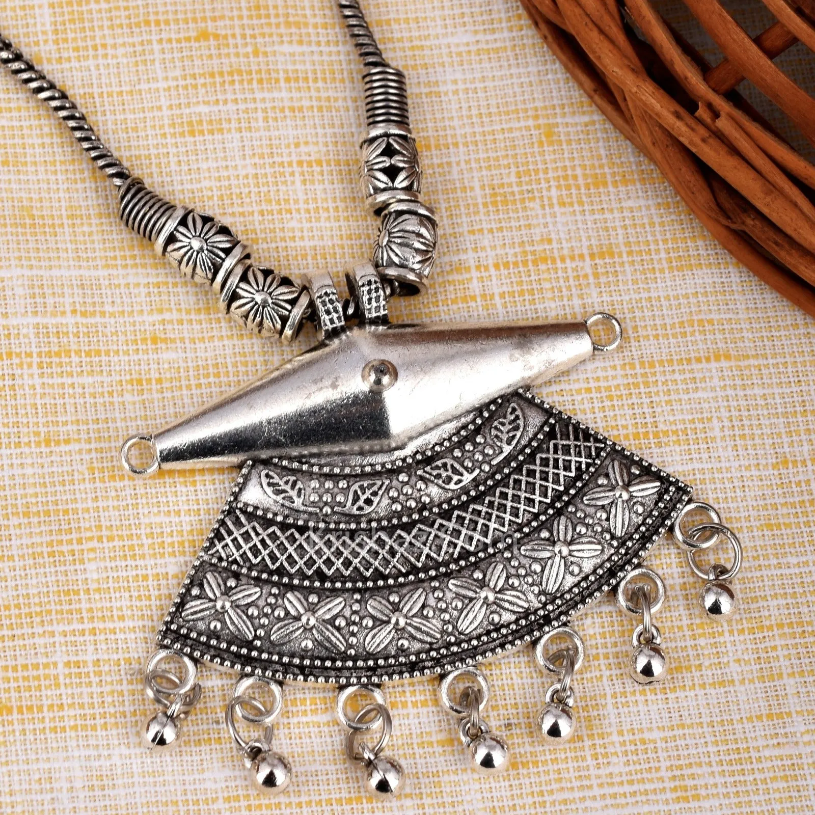 Designer Oxidized Silver Kolhapuri Long Pendant Necklace