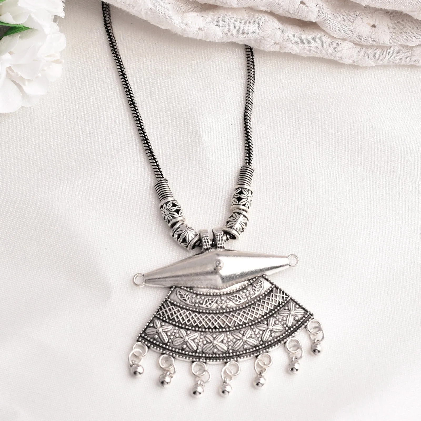 Designer Oxidized Silver Kolhapuri Long Pendant Necklace