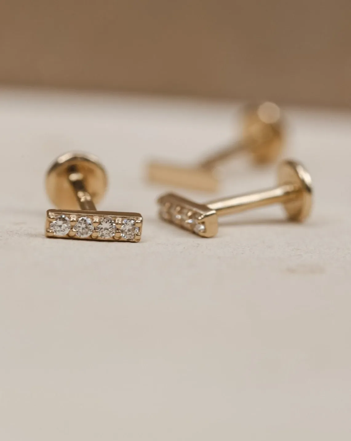 Diamond Bar Stud - 14k Solid Gold