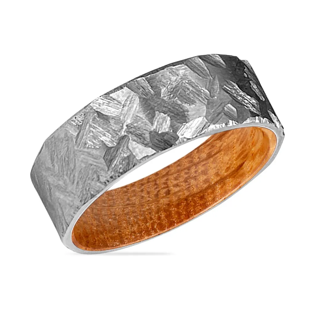 DUNHILL | Whiskey Barrel Wood, Silver Titanium Ring, Hammered, Flat