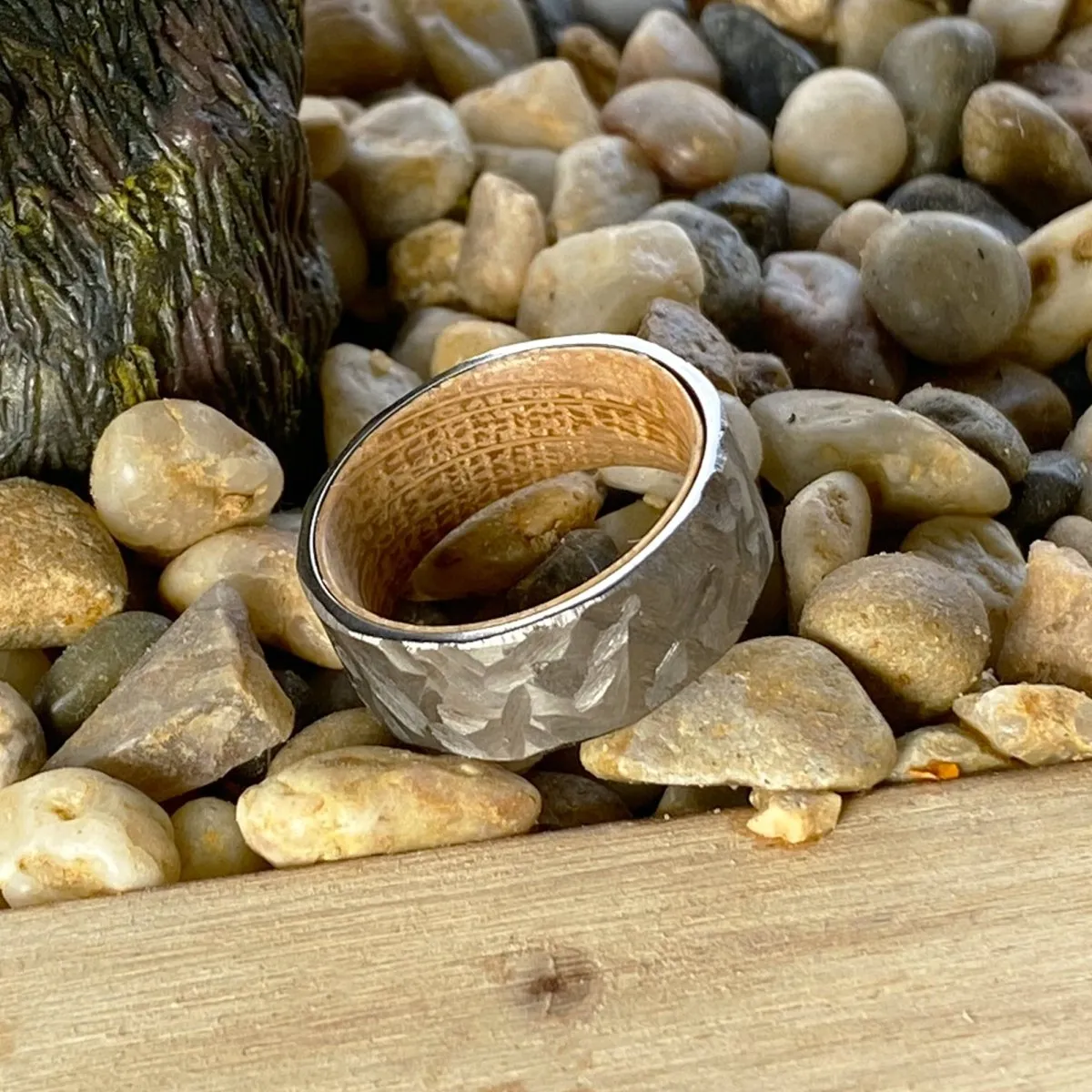 DUNHILL | Whiskey Barrel Wood, Silver Titanium Ring, Hammered, Flat