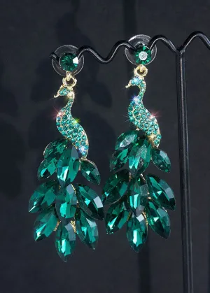 Elegant Green Crystal Peacock Flaunting Its Tail Drop Earrings HE1003