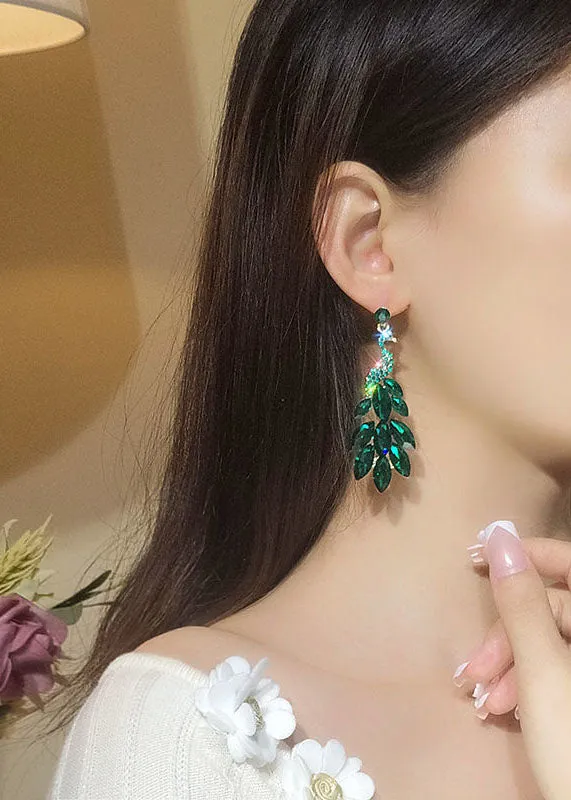 Elegant Green Crystal Peacock Flaunting Its Tail Drop Earrings HE1003