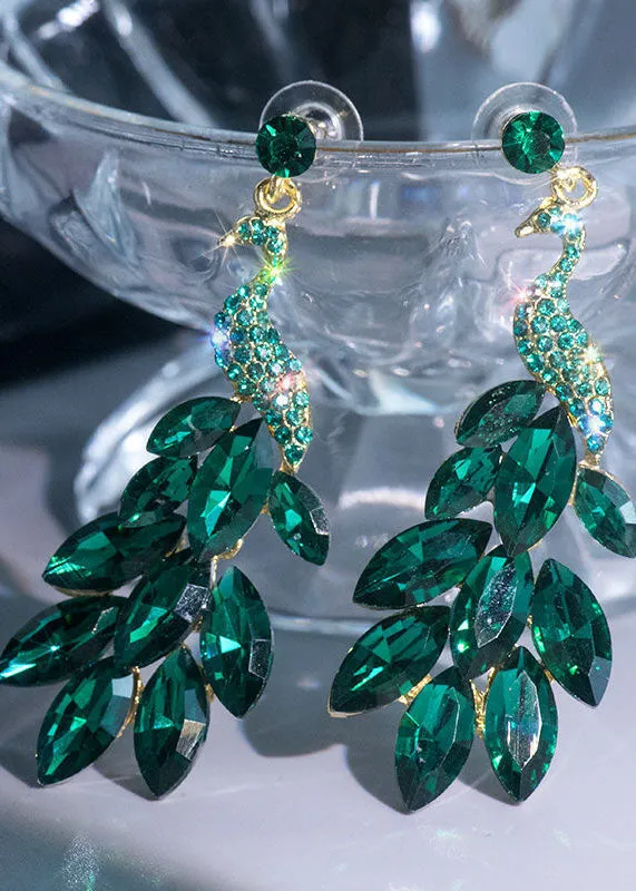 Elegant Green Crystal Peacock Flaunting Its Tail Drop Earrings HE1003