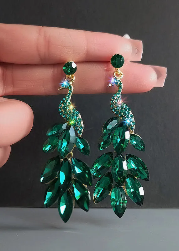 Elegant Green Crystal Peacock Flaunting Its Tail Drop Earrings HE1003