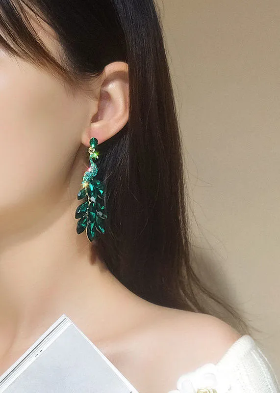 Elegant Green Crystal Peacock Flaunting Its Tail Drop Earrings HE1003