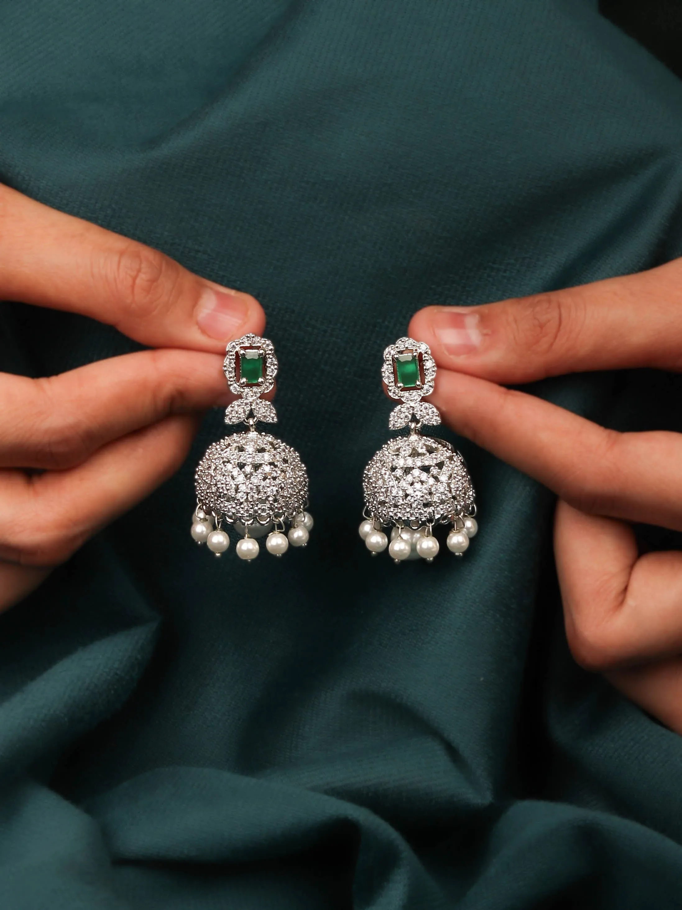 Elegant Rhodium Plated Emerald Green Stone Jhumka Earring For Women