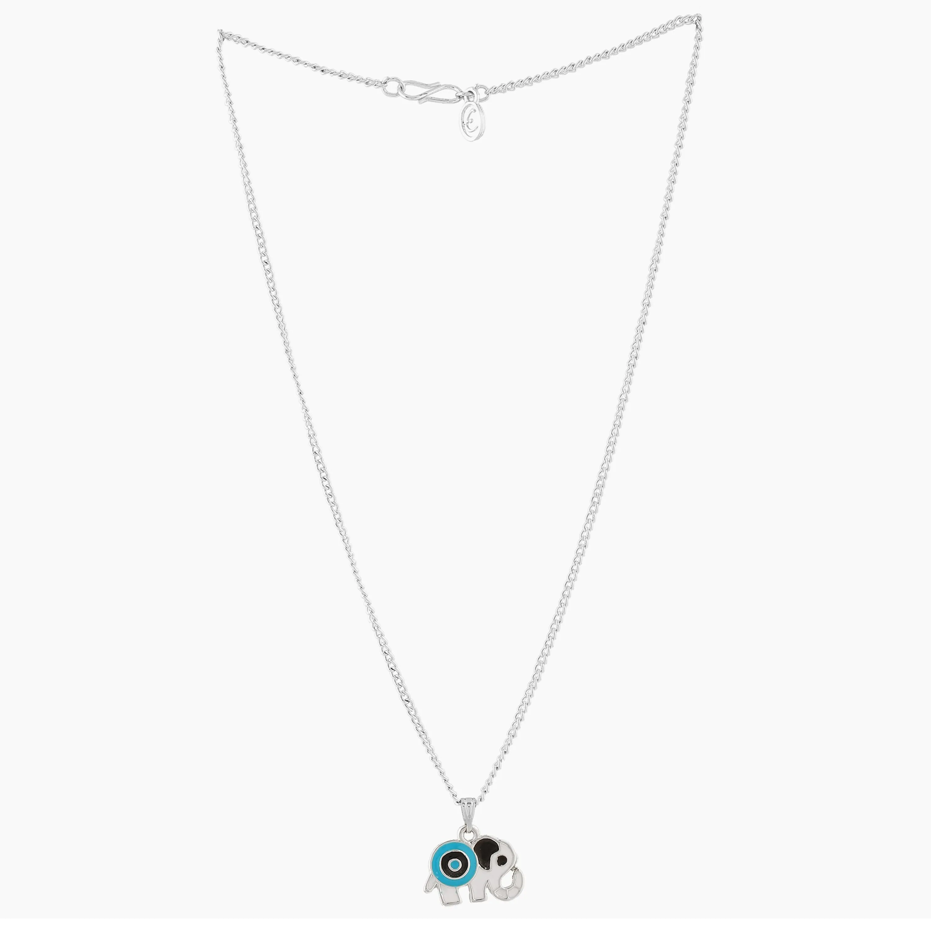 Estele Rhodium Plated Elephant Designer Evil Eye Charm Pendant with Black & Turquoise Blue Enamel for Girls/Women