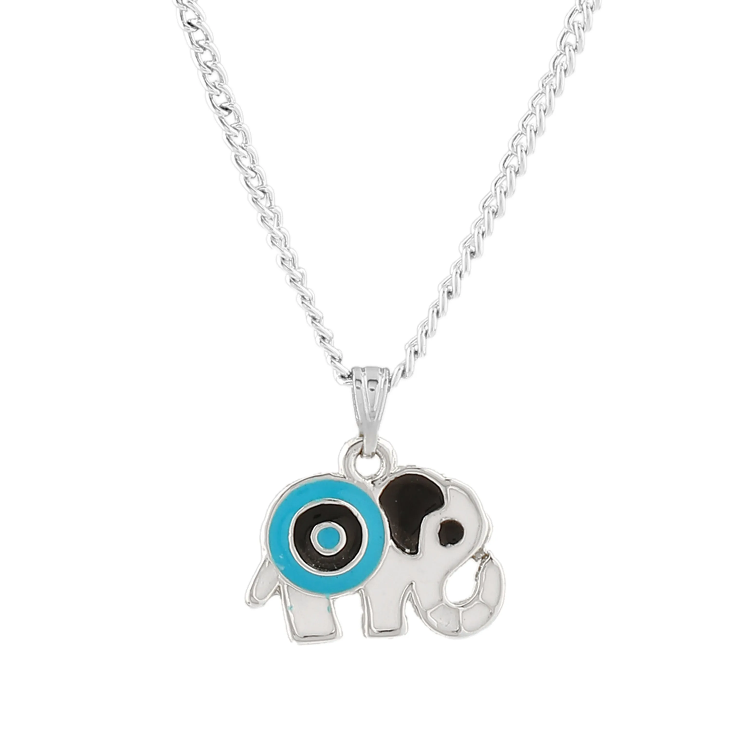 Estele Rhodium Plated Elephant Designer Evil Eye Charm Pendant with Black & Turquoise Blue Enamel for Girls/Women