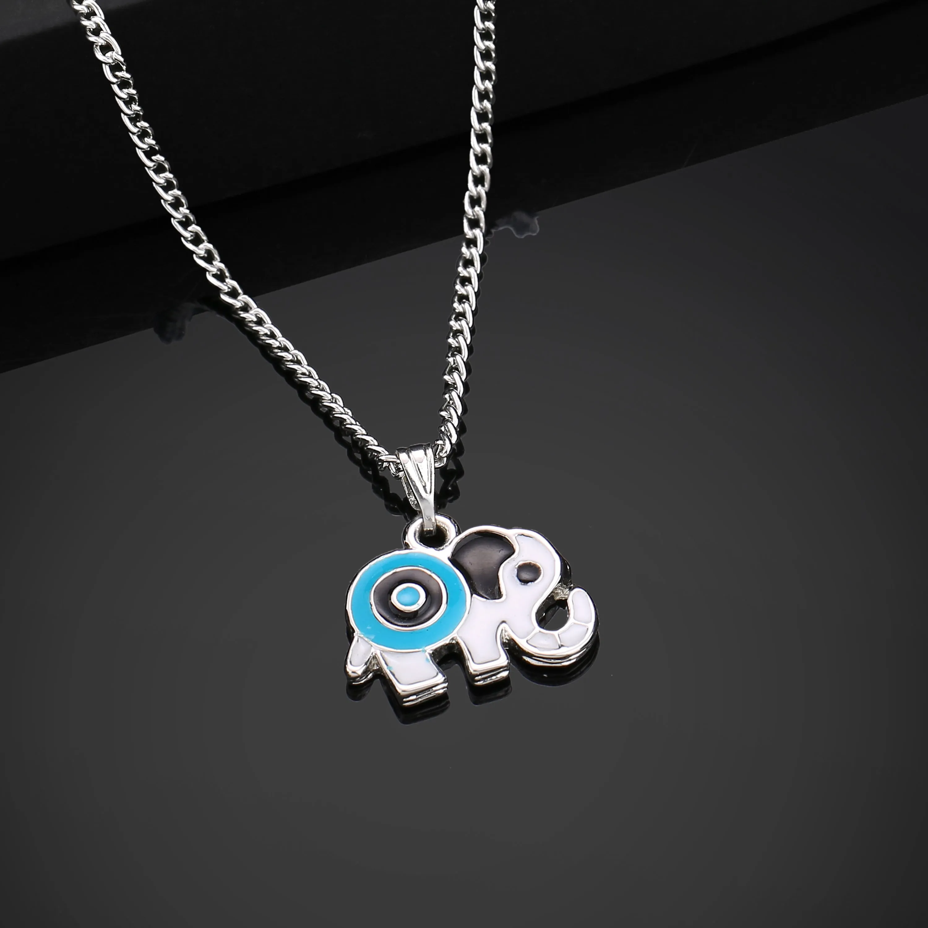 Estele Rhodium Plated Elephant Designer Evil Eye Charm Pendant with Black & Turquoise Blue Enamel for Girls/Women