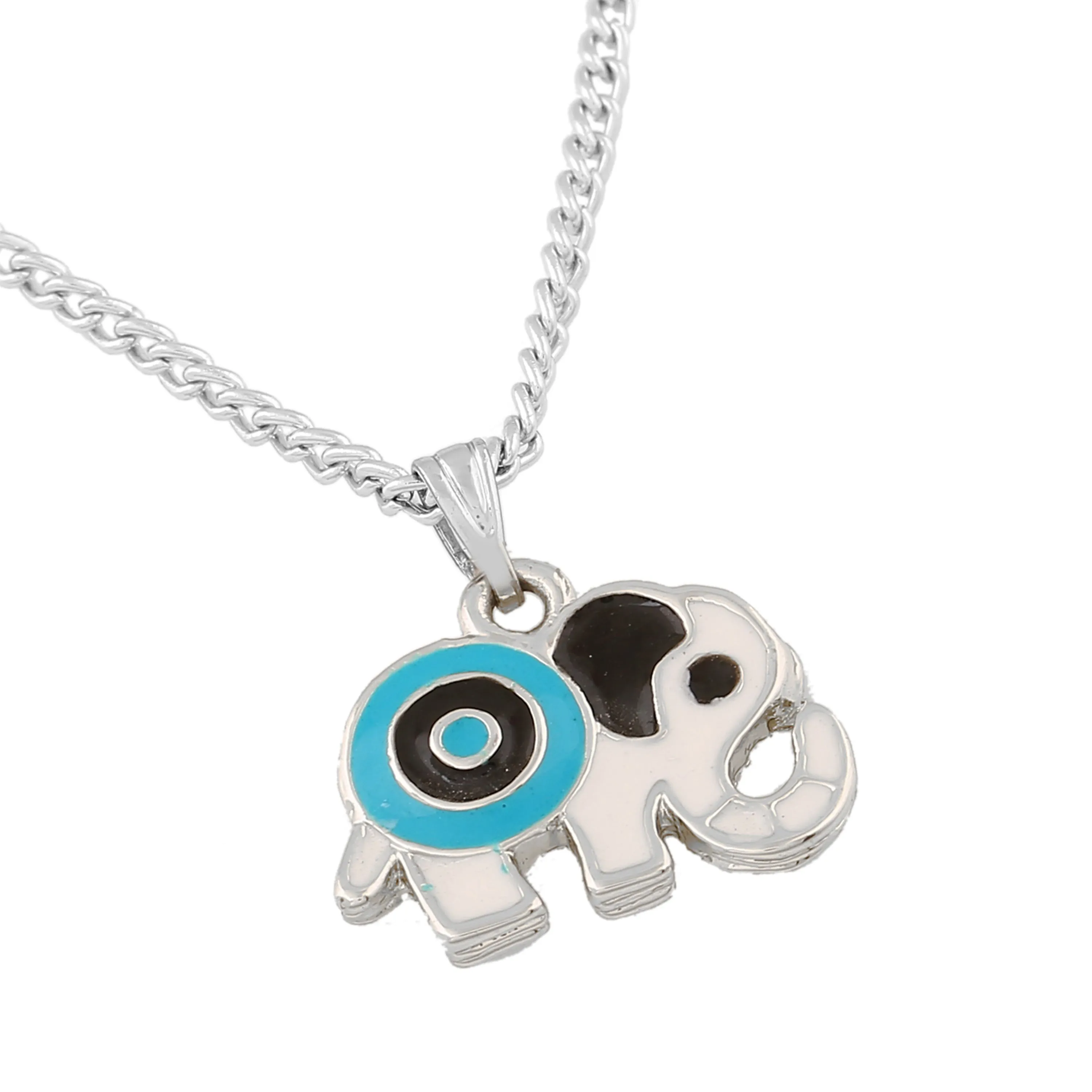 Estele Rhodium Plated Elephant Designer Evil Eye Charm Pendant with Black & Turquoise Blue Enamel for Girls/Women