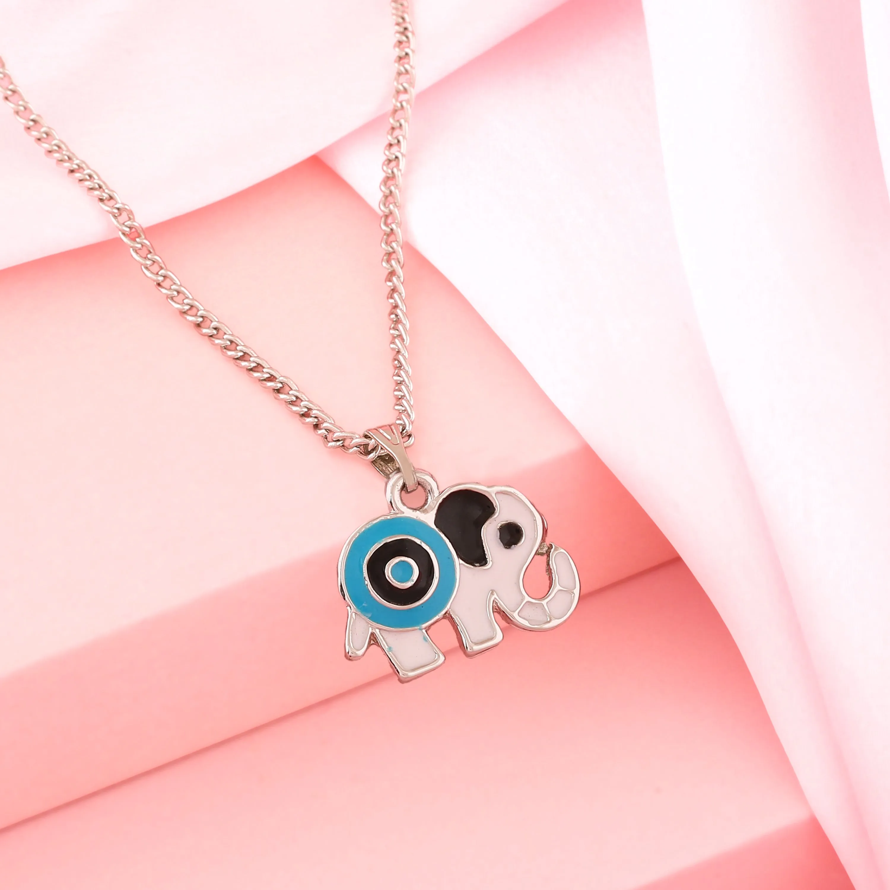 Estele Rhodium Plated Elephant Designer Evil Eye Charm Pendant with Black & Turquoise Blue Enamel for Girls/Women