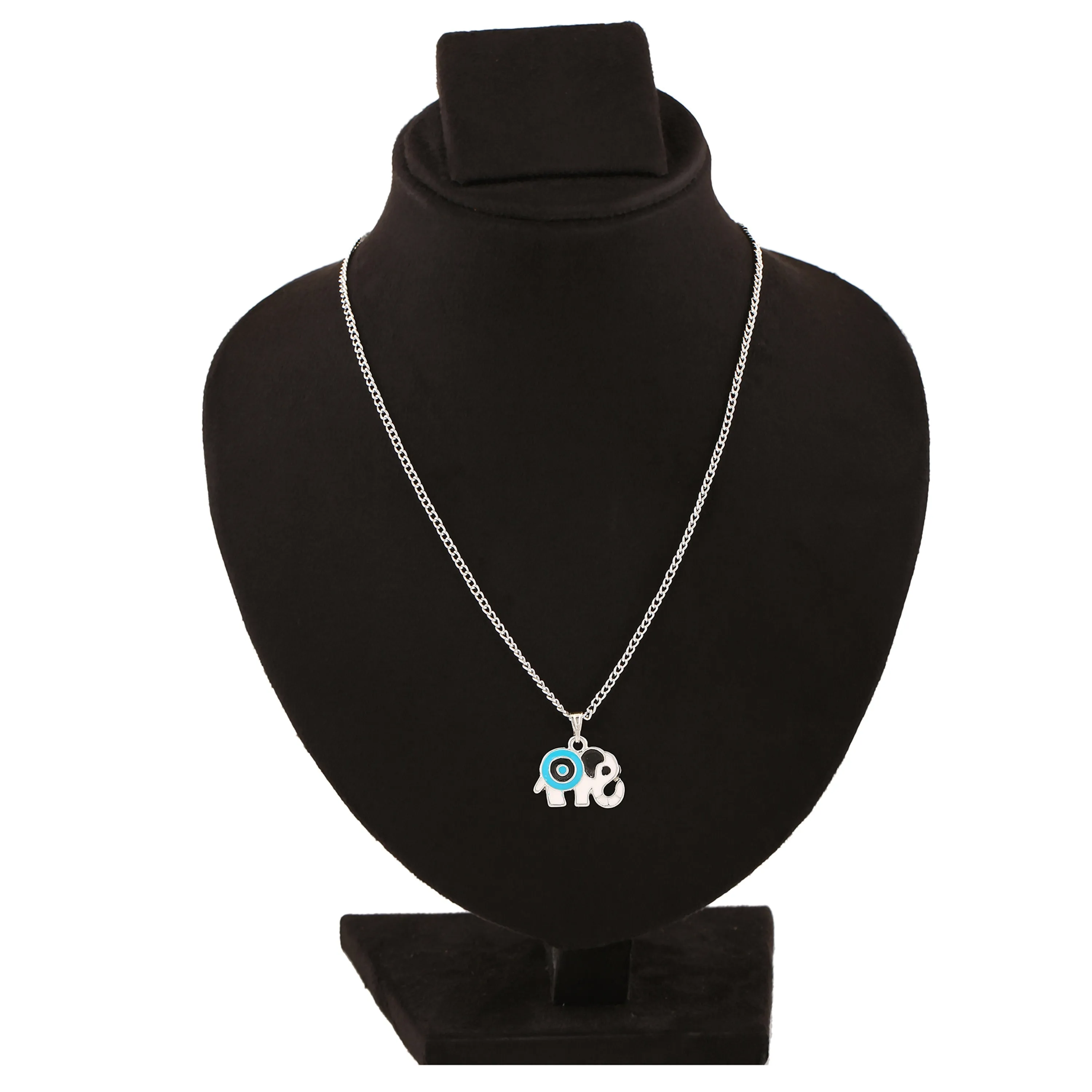 Estele Rhodium Plated Elephant Designer Evil Eye Charm Pendant with Black & Turquoise Blue Enamel for Girls/Women