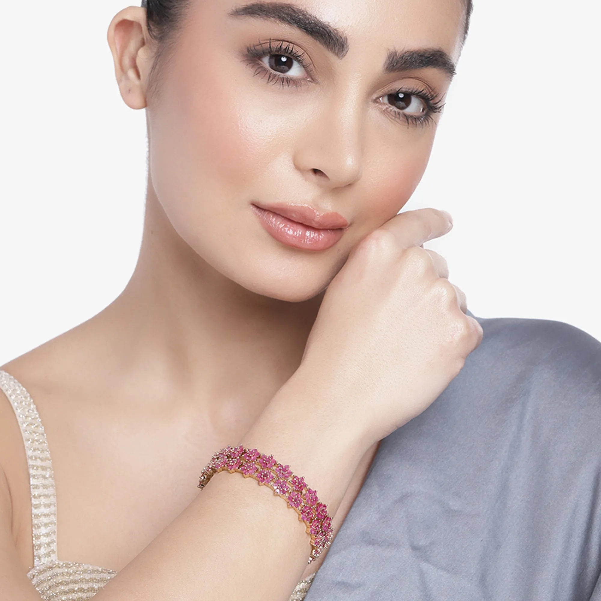 Estele Rosegold Plated Luxurious Floral Motif Ruby American Diamond Bangles | Available in 2:4, 2:6, & 2:8 Sizes |A Sparkling Choice for Women’s Classic Look