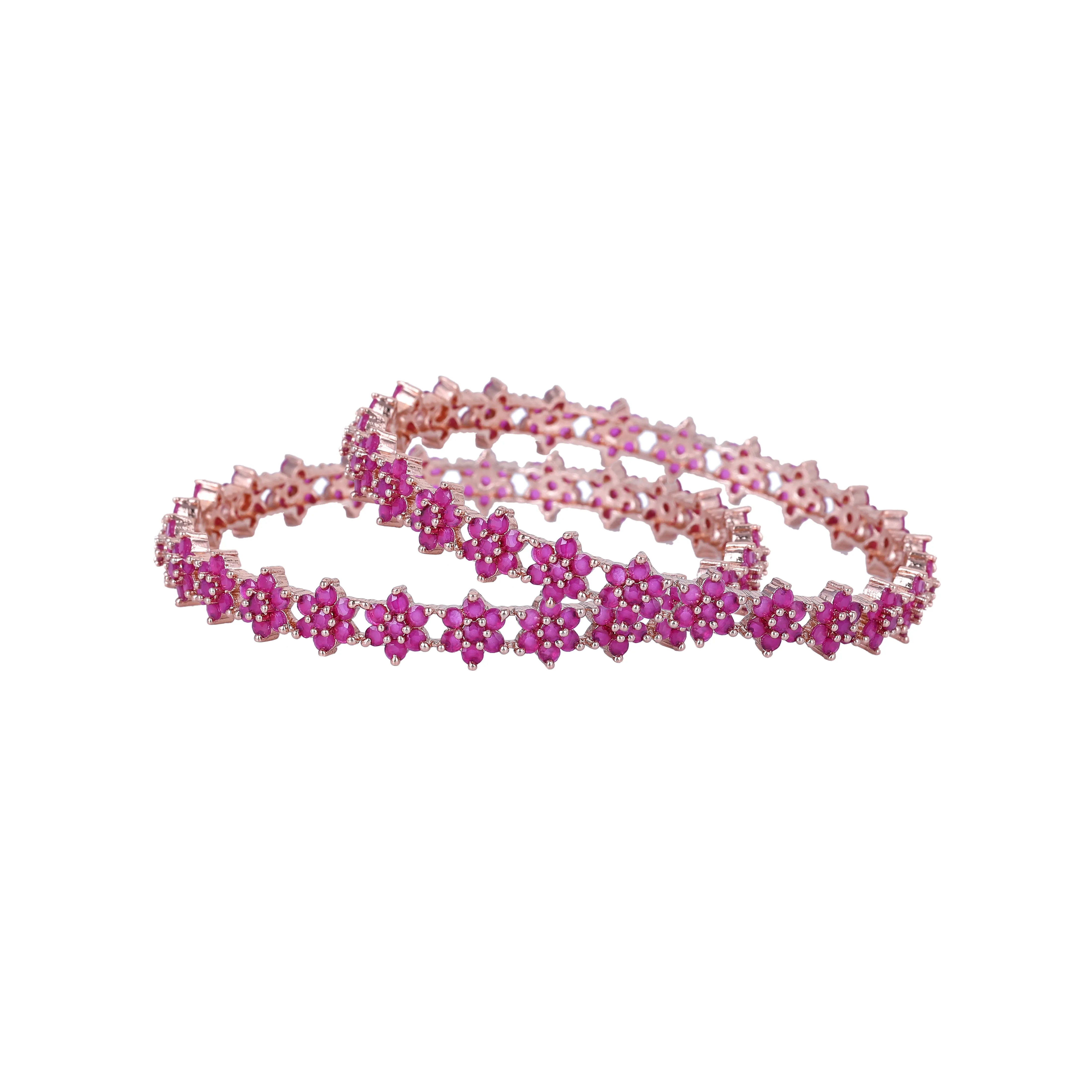 Estele Rosegold Plated Luxurious Floral Motif Ruby American Diamond Bangles | Available in 2:4, 2:6, & 2:8 Sizes |A Sparkling Choice for Women’s Classic Look