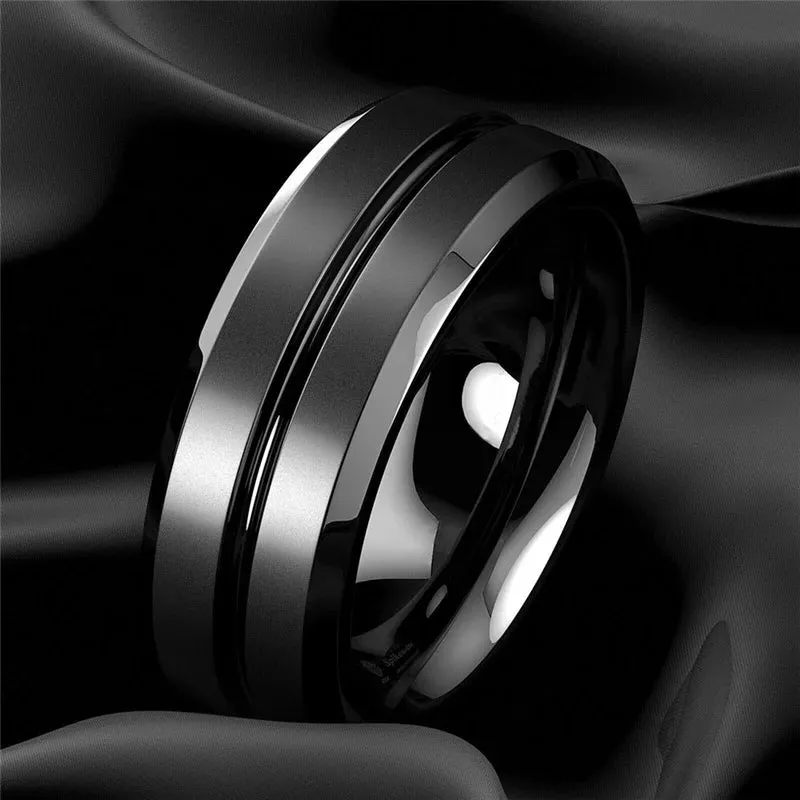 Fashion 8mm Men Ring Black Groove Matte Stainless Steel Rings Wedding Engagement Jewelry Anniversary Birthday Gift Men Rings