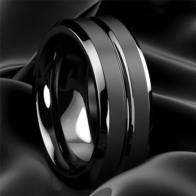 Fashion 8mm Men Ring Black Groove Matte Stainless Steel Rings Wedding Engagement Jewelry Anniversary Birthday Gift Men Rings