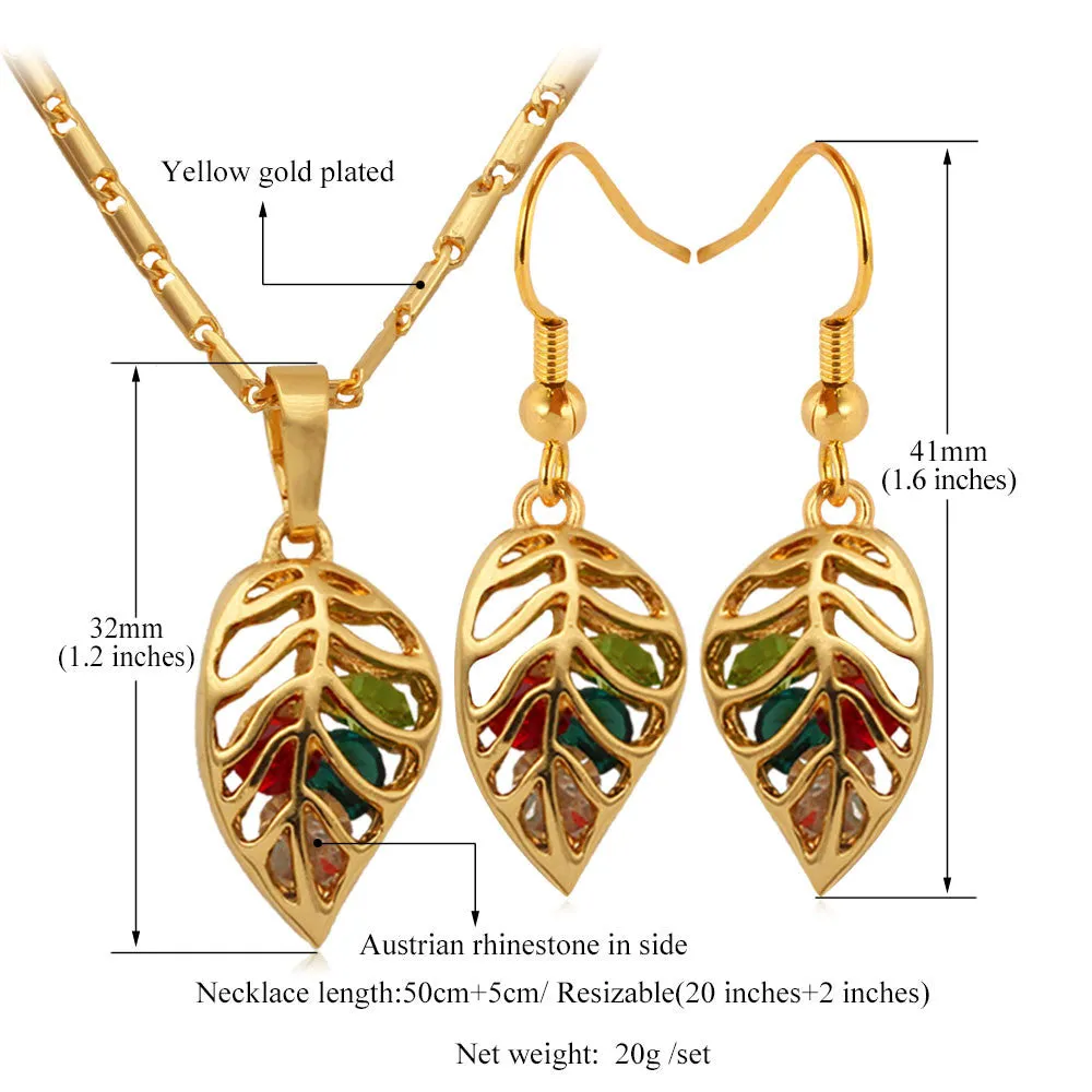 Fashion Crystal Necklace Set Women Party Gift Gold Plated Colorful Leaf Necklace Earrings Jewelry Sets