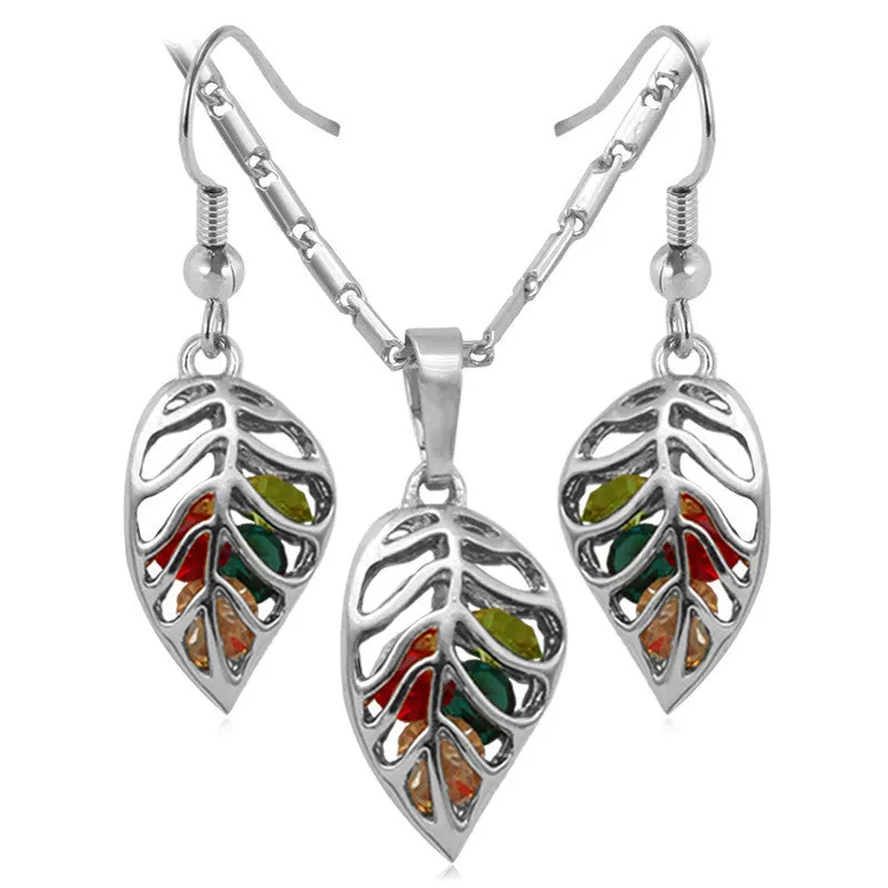 Fashion Crystal Necklace Set Women Party Gift Gold Plated Colorful Leaf Necklace Earrings Jewelry Sets