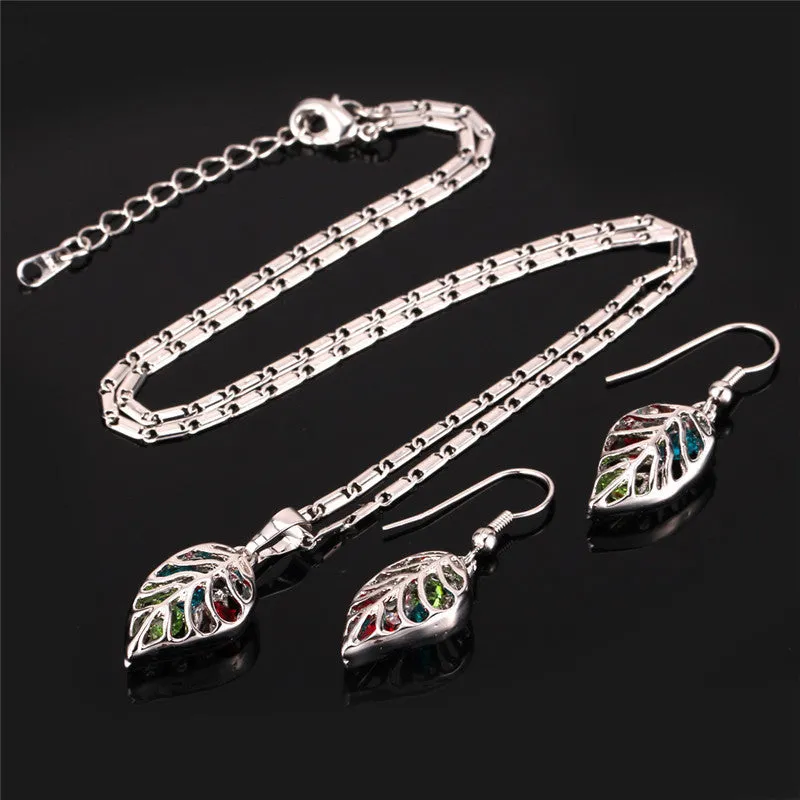 Fashion Crystal Necklace Set Women Party Gift Gold Plated Colorful Leaf Necklace Earrings Jewelry Sets