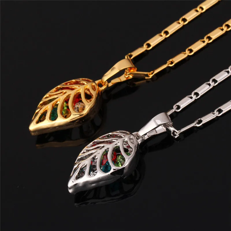 Fashion Crystal Necklace Set Women Party Gift Gold Plated Colorful Leaf Necklace Earrings Jewelry Sets