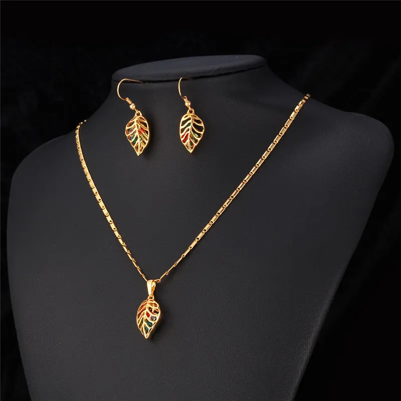 Fashion Crystal Necklace Set Women Party Gift Gold Plated Colorful Leaf Necklace Earrings Jewelry Sets