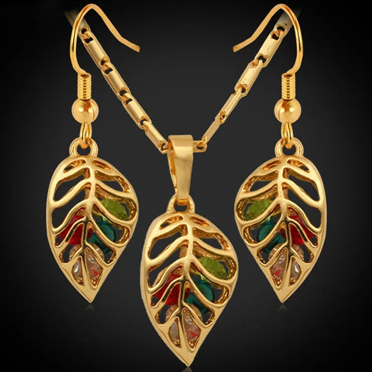 Fashion Crystal Necklace Set Women Party Gift Gold Plated Colorful Leaf Necklace Earrings Jewelry Sets