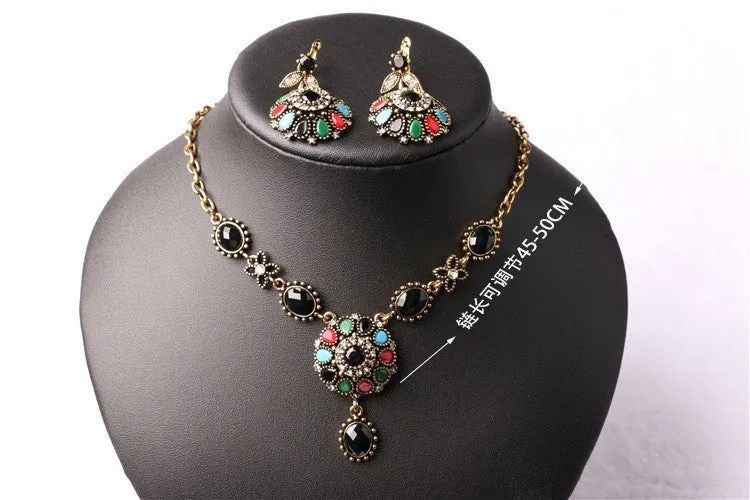 Fashion New Bohemia Necklace Earrings Jewelry Sets For Women Vintage Black Stone Filled Crystal Necklace Earrings