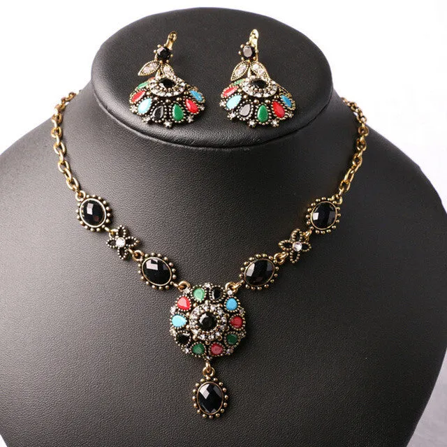 Fashion New Bohemia Necklace Earrings Jewelry Sets For Women Vintage Black Stone Filled Crystal Necklace Earrings