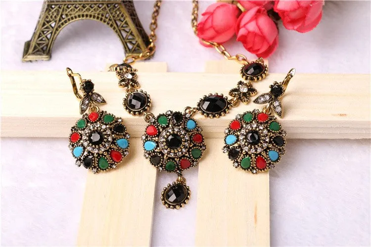 Fashion New Bohemia Necklace Earrings Jewelry Sets For Women Vintage Black Stone Filled Crystal Necklace Earrings